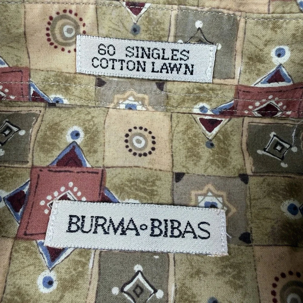 BURMA BIBAS Men's XL Button Up Short Sleeve Geometric Mosaic 60 Singles Cotton‎